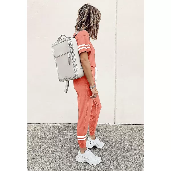 imagePRETTYGARDEN Womens Two Piece Outfits Striped Short Sleeve Pullover and Long Pants Tracksuit Pajama Lounge Jogger SetsShrimp Pink