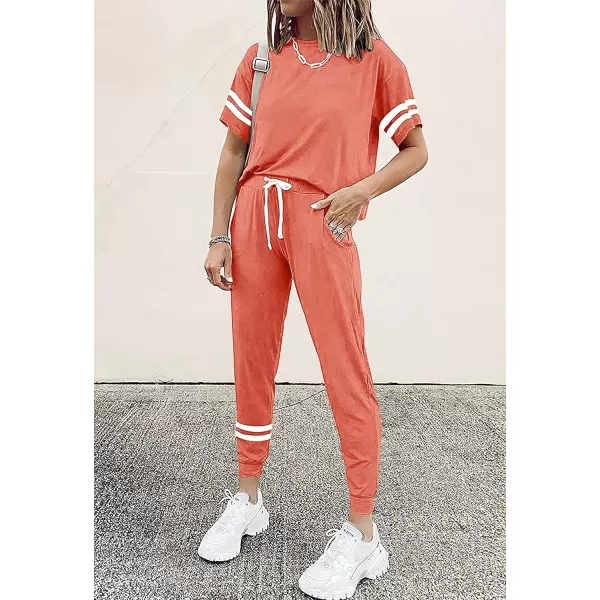 imagePRETTYGARDEN Womens Two Piece Outfits Striped Short Sleeve Pullover and Long Pants Tracksuit Pajama Lounge Jogger SetsShrimp Pink