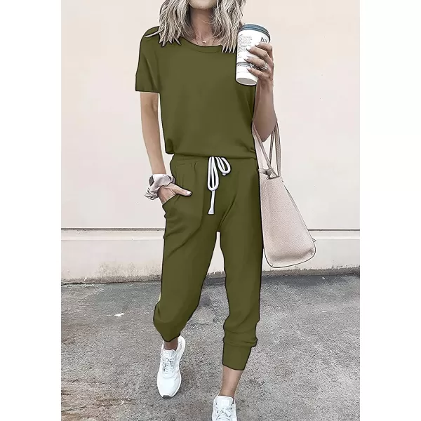 imagePRETTYGARDEN Womens Two Piece Outfits Striped Short Sleeve Pullover and Long Pants Tracksuit Pajama Lounge Jogger SetsSolid Army Green