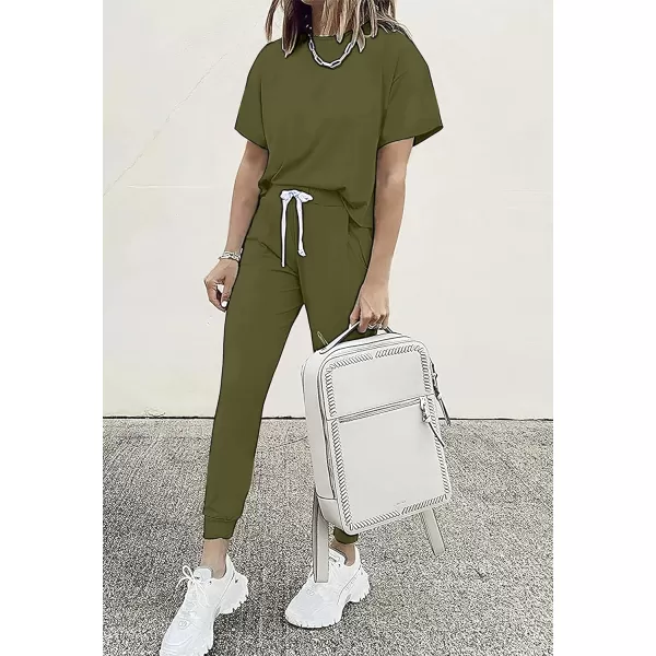 imagePRETTYGARDEN Womens Two Piece Outfits Striped Short Sleeve Pullover and Long Pants Tracksuit Pajama Lounge Jogger SetsSolid Army Green