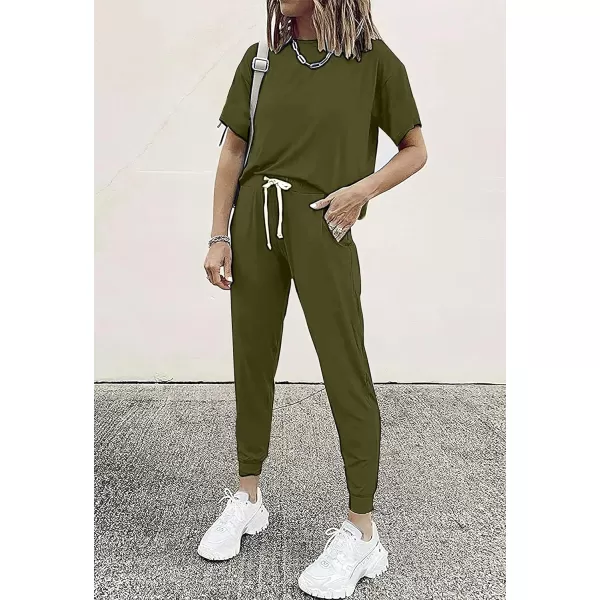 imagePRETTYGARDEN Womens Two Piece Outfits Striped Short Sleeve Pullover and Long Pants Tracksuit Pajama Lounge Jogger SetsSolid Army Green