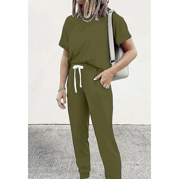 imagePRETTYGARDEN Womens Two Piece Outfits Striped Short Sleeve Pullover and Long Pants Tracksuit Pajama Lounge Jogger SetsSolid Army Green