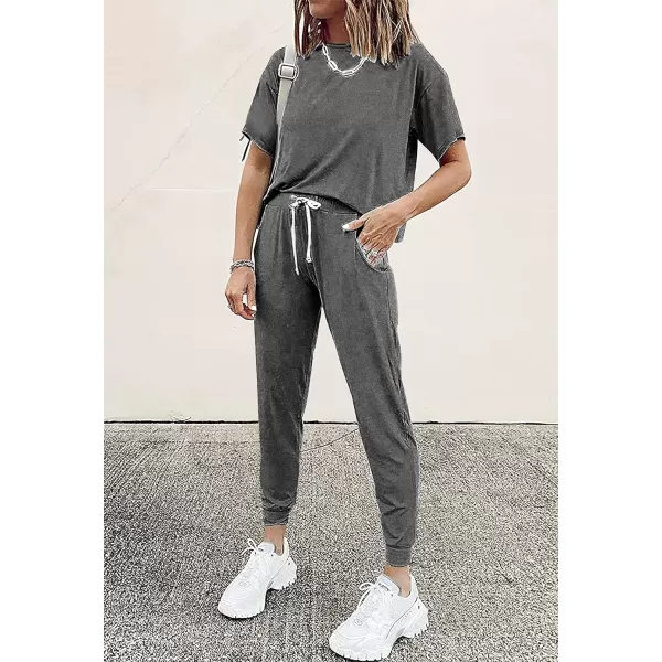 imagePRETTYGARDEN Womens Two Piece Outfits Striped Short Sleeve Pullover and Long Pants Tracksuit Pajama Lounge Jogger SetsSolid Dark Grey