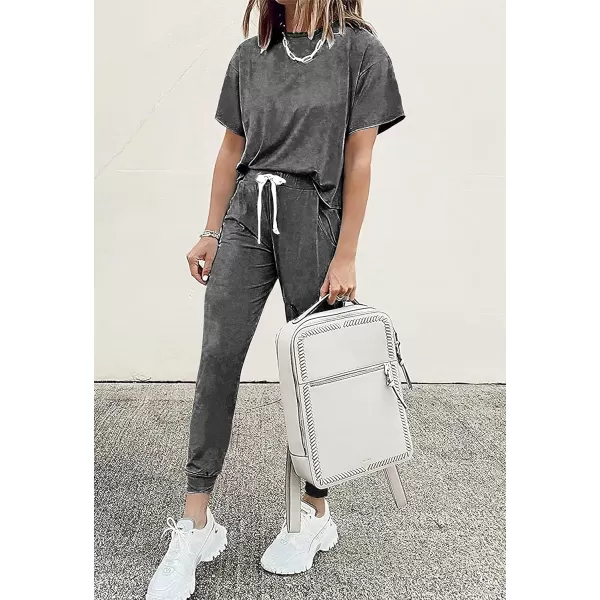 imagePRETTYGARDEN Womens Two Piece Outfits Striped Short Sleeve Pullover and Long Pants Tracksuit Pajama Lounge Jogger SetsSolid Dark Grey