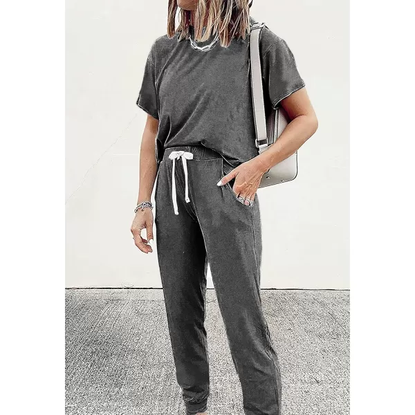 imagePRETTYGARDEN Womens Two Piece Outfits Striped Short Sleeve Pullover and Long Pants Tracksuit Pajama Lounge Jogger SetsSolid Dark Grey