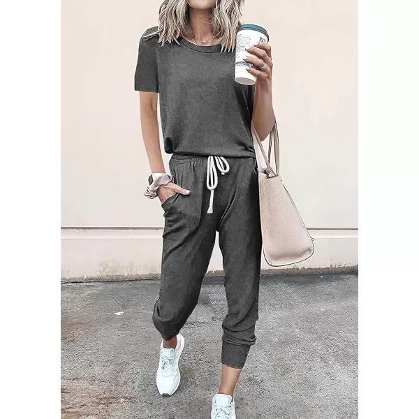 imagePRETTYGARDEN Womens Two Piece Outfits Striped Short Sleeve Pullover and Long Pants Tracksuit Pajama Lounge Jogger SetsSolid Dark Grey