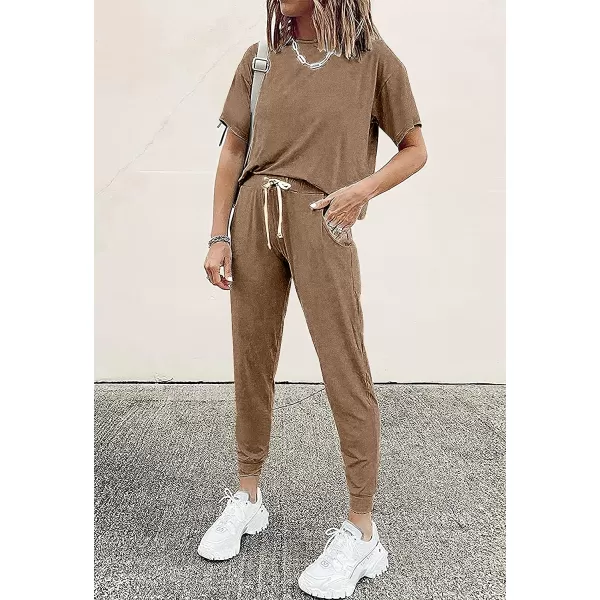 imagePRETTYGARDEN Womens Two Piece Outfits Striped Short Sleeve Pullover and Long Pants Tracksuit Pajama Lounge Jogger SetsSolid Dark Khaki