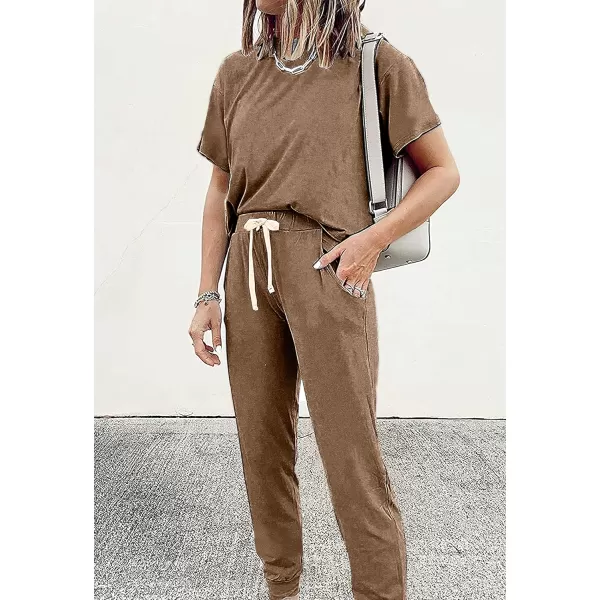 imagePRETTYGARDEN Womens Two Piece Outfits Striped Short Sleeve Pullover and Long Pants Tracksuit Pajama Lounge Jogger SetsSolid Dark Khaki