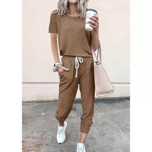 imagePRETTYGARDEN Womens Two Piece Outfits Striped Short Sleeve Pullover and Long Pants Tracksuit Pajama Lounge Jogger SetsSolid Dark Khaki