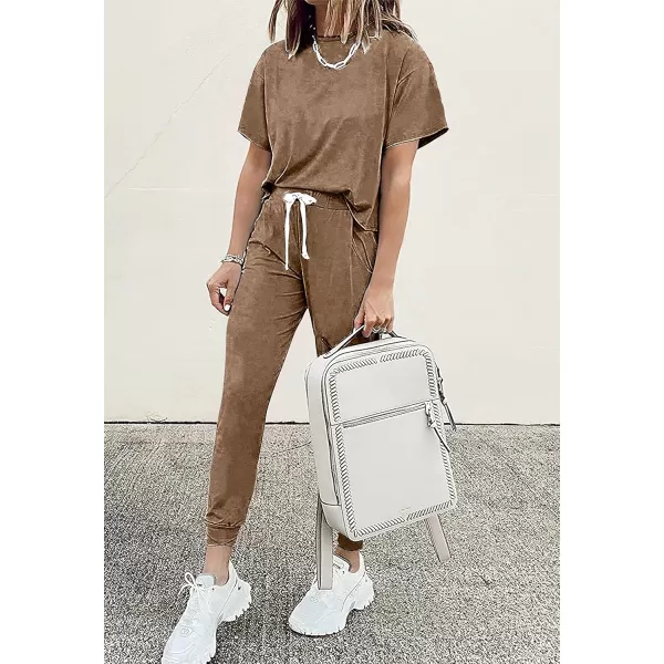 imagePRETTYGARDEN Womens Two Piece Outfits Striped Short Sleeve Pullover and Long Pants Tracksuit Pajama Lounge Jogger SetsSolid Dark Khaki