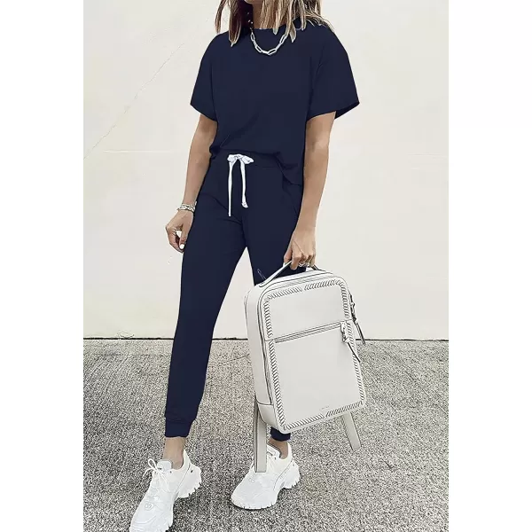 imagePRETTYGARDEN Womens Two Piece Outfits Striped Short Sleeve Pullover and Long Pants Tracksuit Pajama Lounge Jogger SetsSolid Navy