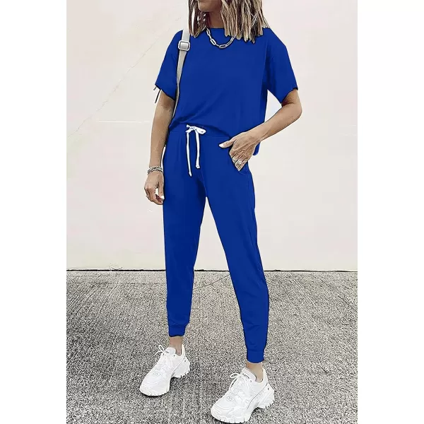 imagePRETTYGARDEN Womens Two Piece Outfits Striped Short Sleeve Pullover and Long Pants Tracksuit Pajama Lounge Jogger SetsSolid Royal Blue
