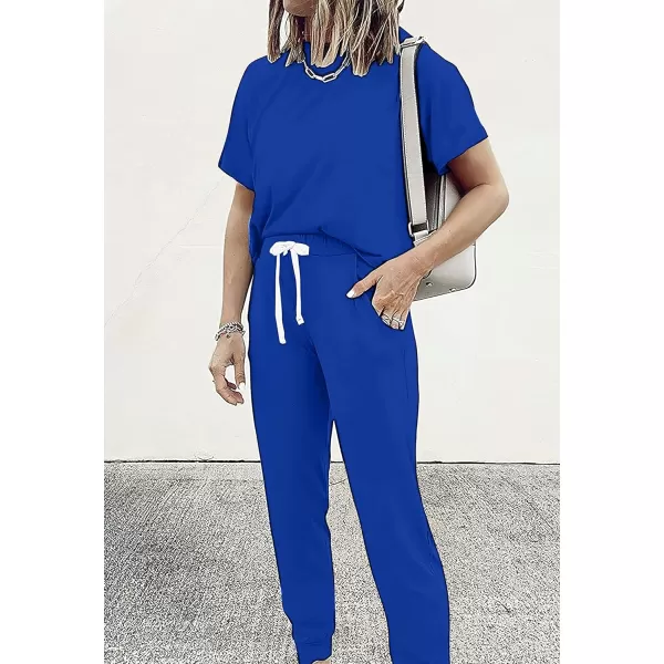 imagePRETTYGARDEN Womens Two Piece Outfits Striped Short Sleeve Pullover and Long Pants Tracksuit Pajama Lounge Jogger SetsSolid Royal Blue