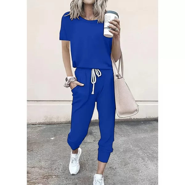imagePRETTYGARDEN Womens Two Piece Outfits Striped Short Sleeve Pullover and Long Pants Tracksuit Pajama Lounge Jogger SetsSolid Royal Blue