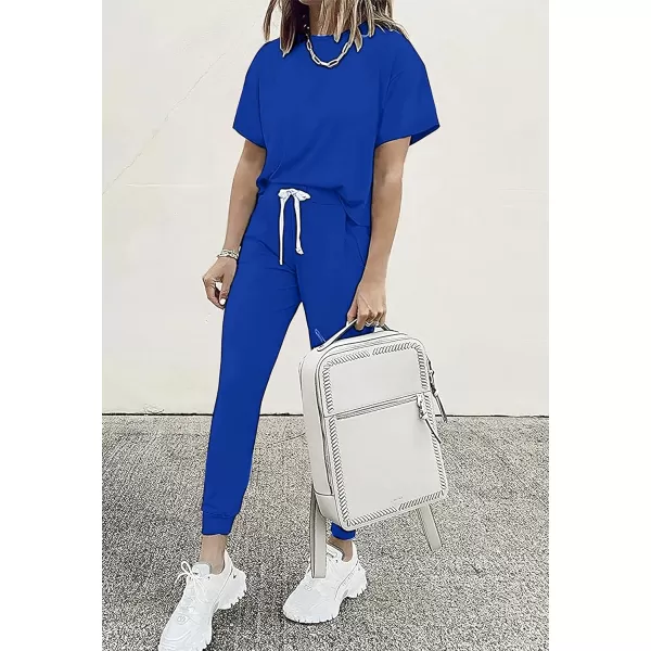 imagePRETTYGARDEN Womens Two Piece Outfits Striped Short Sleeve Pullover and Long Pants Tracksuit Pajama Lounge Jogger SetsSolid Royal Blue