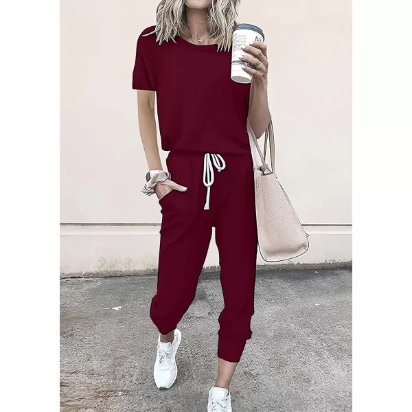 imagePRETTYGARDEN Womens Two Piece Outfits Striped Short Sleeve Pullover and Long Pants Tracksuit Pajama Lounge Jogger SetsSolid Wine Red