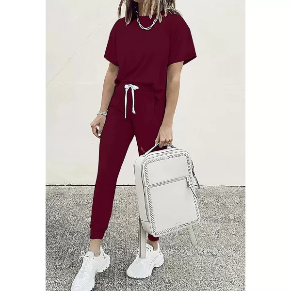 imagePRETTYGARDEN Womens Two Piece Outfits Striped Short Sleeve Pullover and Long Pants Tracksuit Pajama Lounge Jogger SetsSolid Wine Red