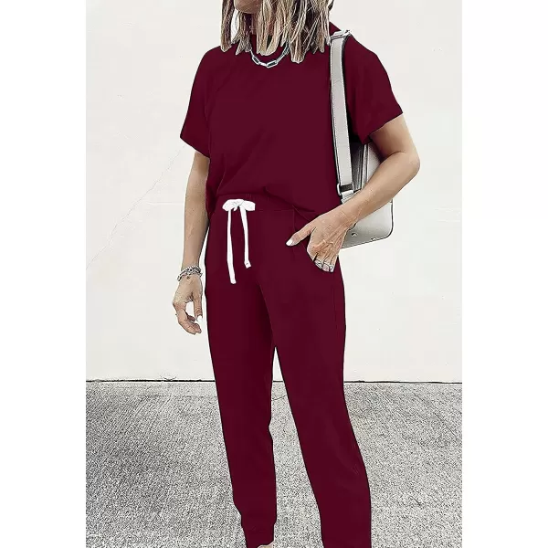imagePRETTYGARDEN Womens Two Piece Outfits Striped Short Sleeve Pullover and Long Pants Tracksuit Pajama Lounge Jogger SetsSolid Wine Red