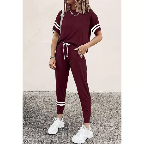 imagePRETTYGARDEN Womens Two Piece Outfits Striped Short Sleeve Pullover and Long Pants Tracksuit Pajama Lounge Jogger SetsWine Red