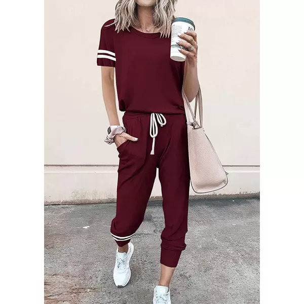 imagePRETTYGARDEN Womens Two Piece Outfits Striped Short Sleeve Pullover and Long Pants Tracksuit Pajama Lounge Jogger SetsWine Red