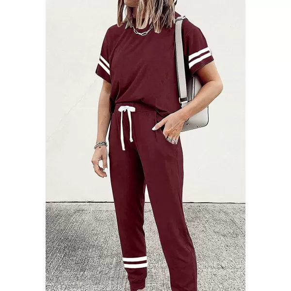 imagePRETTYGARDEN Womens Two Piece Outfits Striped Short Sleeve Pullover and Long Pants Tracksuit Pajama Lounge Jogger SetsWine Red