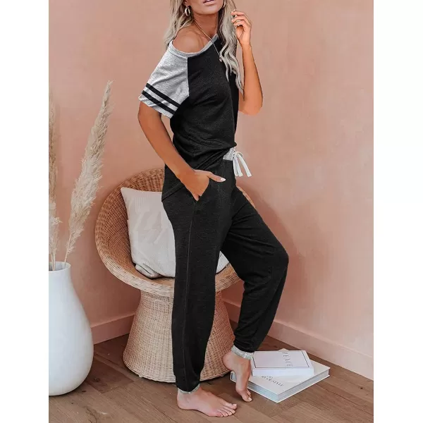 imagePRETTYGARDEN Womens Two Piece Outfits Striped Short Sleeve Pullover and Long Pants Tracksuit Pajama Lounge Jogger SetsZblack