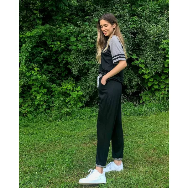 imagePRETTYGARDEN Womens Two Piece Outfits Striped Short Sleeve Pullover and Long Pants Tracksuit Pajama Lounge Jogger SetsZblack