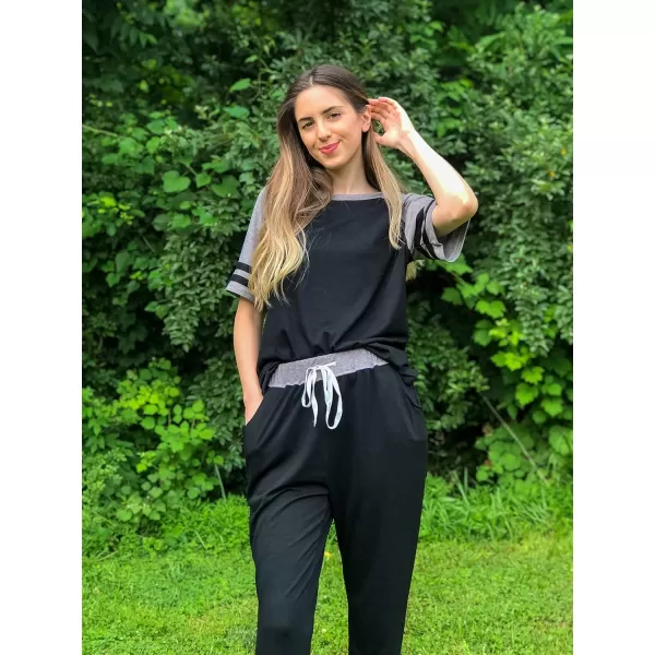 imagePRETTYGARDEN Womens Two Piece Outfits Striped Short Sleeve Pullover and Long Pants Tracksuit Pajama Lounge Jogger SetsZblack