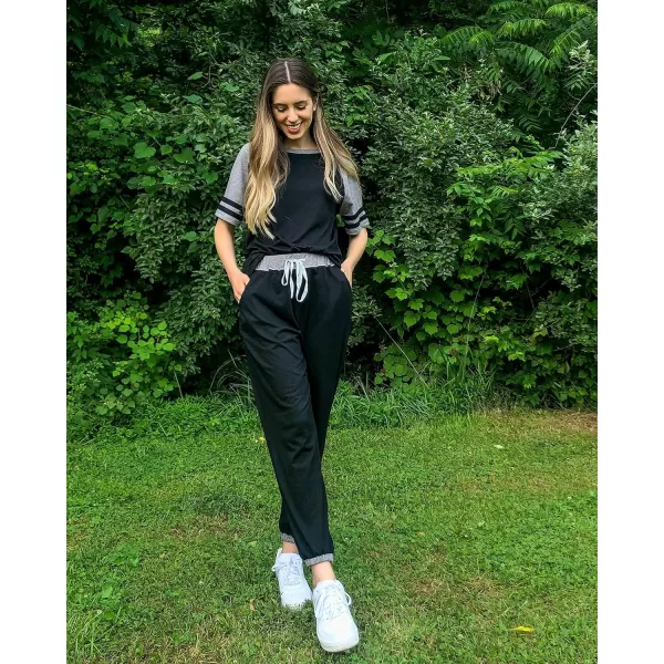 imagePRETTYGARDEN Womens Two Piece Outfits Striped Short Sleeve Pullover and Long Pants Tracksuit Pajama Lounge Jogger SetsZblack