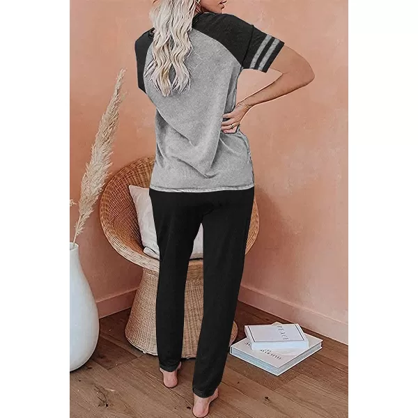 imagePRETTYGARDEN Womens Two Piece Outfits Striped Short Sleeve Pullover and Long Pants Tracksuit Pajama Lounge Jogger SetsZblack Grey