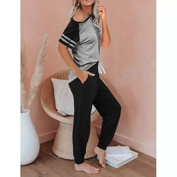 imagePRETTYGARDEN Womens Two Piece Outfits Striped Short Sleeve Pullover and Long Pants Tracksuit Pajama Lounge Jogger SetsZblack Grey