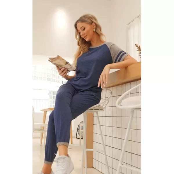imagePRETTYGARDEN Womens Two Piece Outfits Striped Short Sleeve Pullover and Long Pants Tracksuit Pajama Lounge Jogger SetsZdark Blue