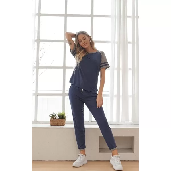 imagePRETTYGARDEN Womens Two Piece Outfits Striped Short Sleeve Pullover and Long Pants Tracksuit Pajama Lounge Jogger SetsZdark Blue
