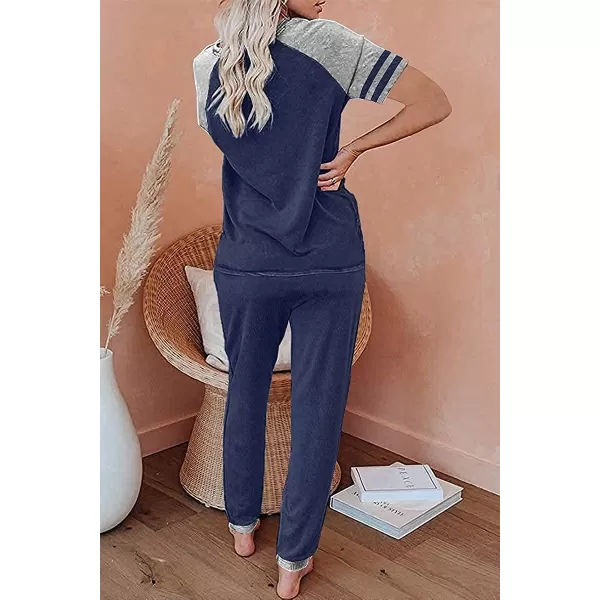 imagePRETTYGARDEN Womens Two Piece Outfits Striped Short Sleeve Pullover and Long Pants Tracksuit Pajama Lounge Jogger SetsZdark Blue
