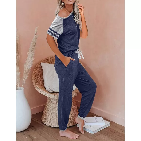 imagePRETTYGARDEN Womens Two Piece Outfits Striped Short Sleeve Pullover and Long Pants Tracksuit Pajama Lounge Jogger SetsZdark Blue