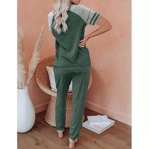 imagePRETTYGARDEN Womens Two Piece Outfits Striped Short Sleeve Pullover and Long Pants Tracksuit Pajama Lounge Jogger SetsZdark Green