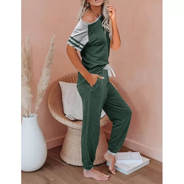imagePRETTYGARDEN Womens Two Piece Outfits Striped Short Sleeve Pullover and Long Pants Tracksuit Pajama Lounge Jogger SetsZdark Green