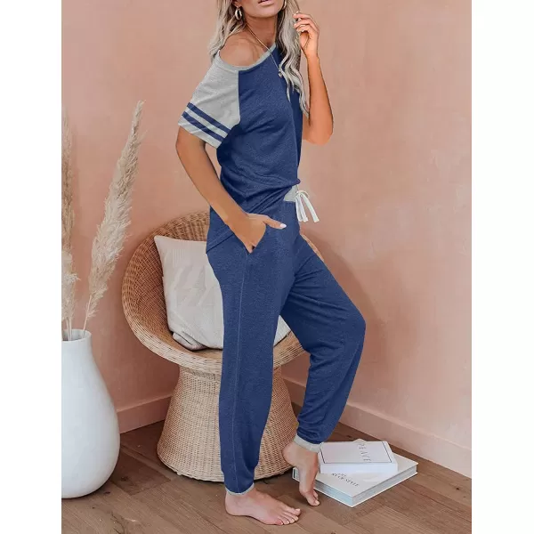 imagePRETTYGARDEN Womens Two Piece Outfits Striped Short Sleeve Pullover and Long Pants Tracksuit Pajama Lounge Jogger SetsZgrey Blue