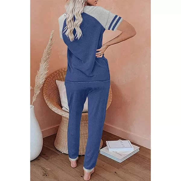 imagePRETTYGARDEN Womens Two Piece Outfits Striped Short Sleeve Pullover and Long Pants Tracksuit Pajama Lounge Jogger SetsZgrey Blue