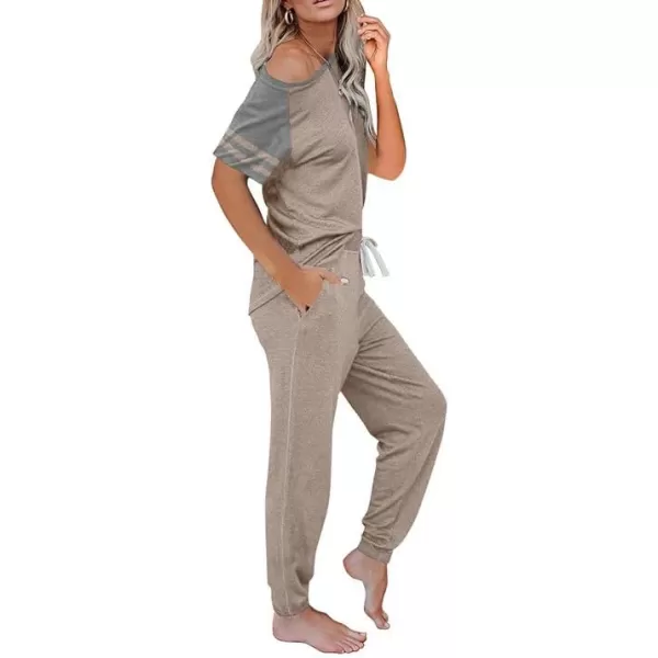 imagePRETTYGARDEN Womens Two Piece Outfits Striped Short Sleeve Pullover and Long Pants Tracksuit Pajama Lounge Jogger SetsZkhaki