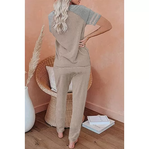 imagePRETTYGARDEN Womens Two Piece Outfits Striped Short Sleeve Pullover and Long Pants Tracksuit Pajama Lounge Jogger SetsZkhaki