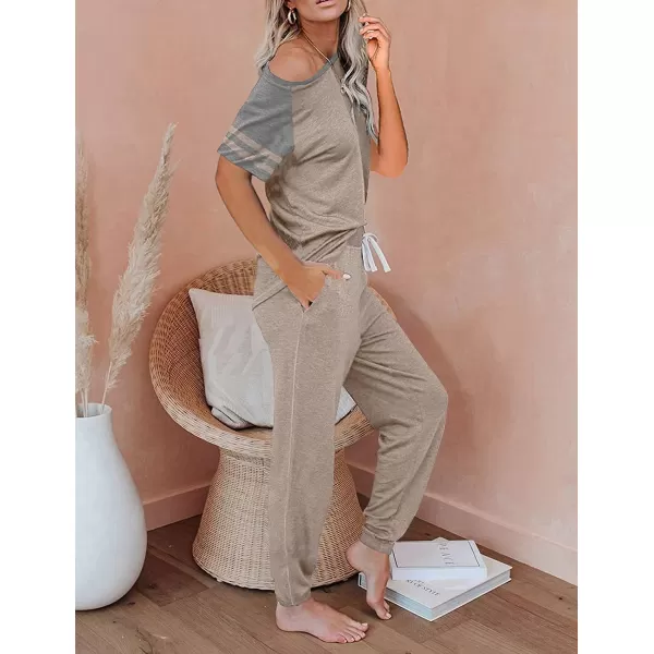 imagePRETTYGARDEN Womens Two Piece Outfits Striped Short Sleeve Pullover and Long Pants Tracksuit Pajama Lounge Jogger SetsZkhaki