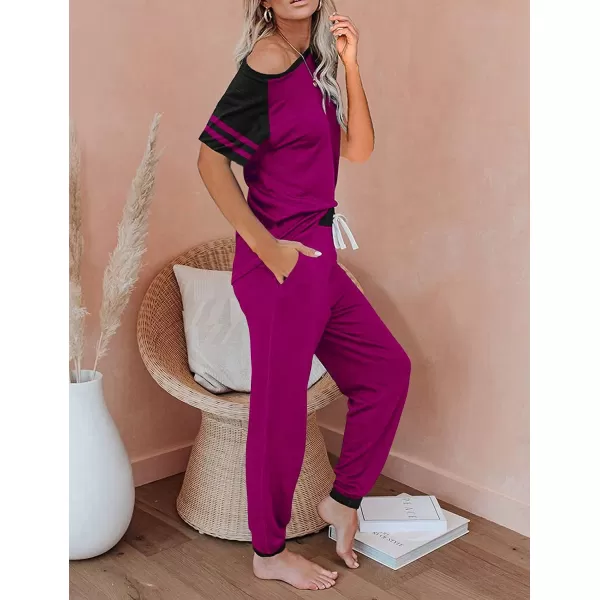 imagePRETTYGARDEN Womens Two Piece Outfits Striped Short Sleeve Pullover and Long Pants Tracksuit Pajama Lounge Jogger SetsZpurple