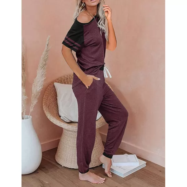imagePRETTYGARDEN Womens Two Piece Outfits Striped Short Sleeve Pullover and Long Pants Tracksuit Pajama Lounge Jogger SetsZwine Red