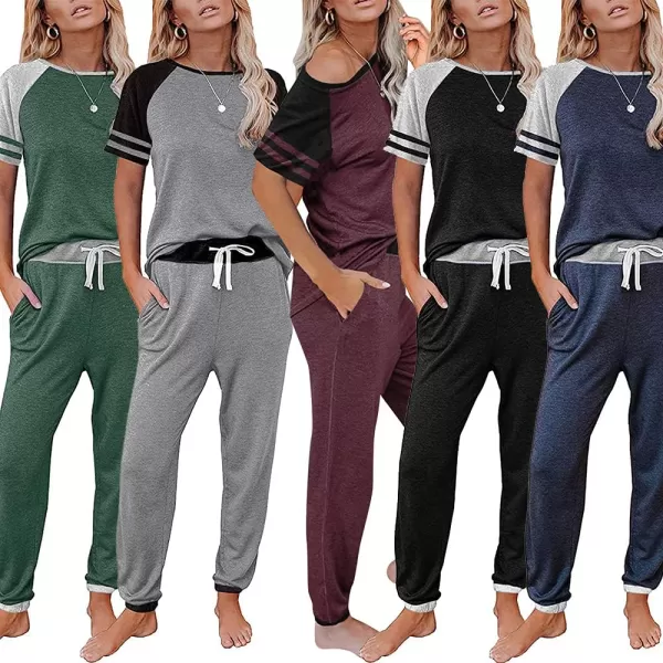 imagePRETTYGARDEN Womens Two Piece Outfits Striped Short Sleeve Pullover and Long Pants Tracksuit Pajama Lounge Jogger SetsZwine Red