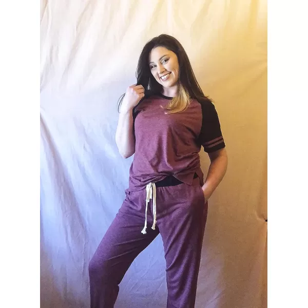 imagePRETTYGARDEN Womens Two Piece Outfits Striped Short Sleeve Pullover and Long Pants Tracksuit Pajama Lounge Jogger SetsZwine Red