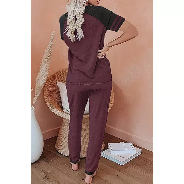 imagePRETTYGARDEN Womens Two Piece Outfits Striped Short Sleeve Pullover and Long Pants Tracksuit Pajama Lounge Jogger SetsZwine Red