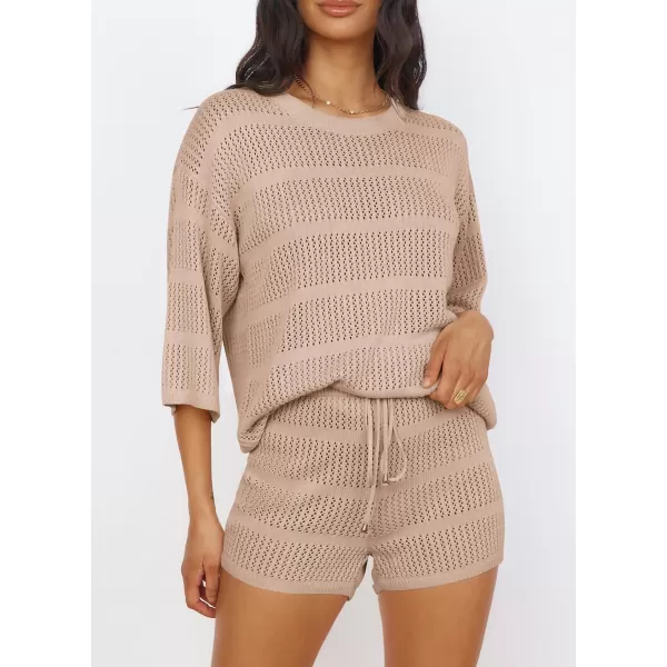 imagePRETTYGARDEN Womens Two Piece Outfits Summer Hollow Out Knit Lounge Sets Half Sleeve Tops Blouses and Shorts TracksuitBeige Apricot