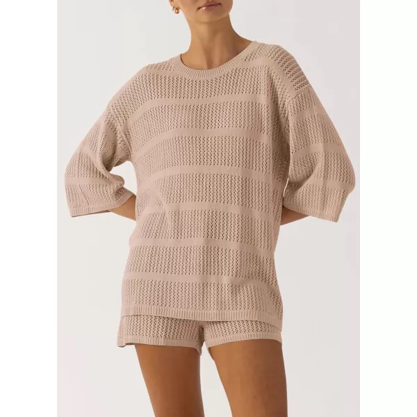 imagePRETTYGARDEN Womens Two Piece Outfits Summer Hollow Out Knit Lounge Sets Half Sleeve Tops Blouses and Shorts TracksuitBeige Apricot