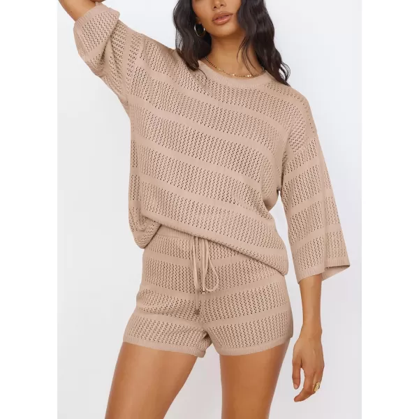imagePRETTYGARDEN Womens Two Piece Outfits Summer Hollow Out Knit Lounge Sets Half Sleeve Tops Blouses and Shorts TracksuitBeige Apricot